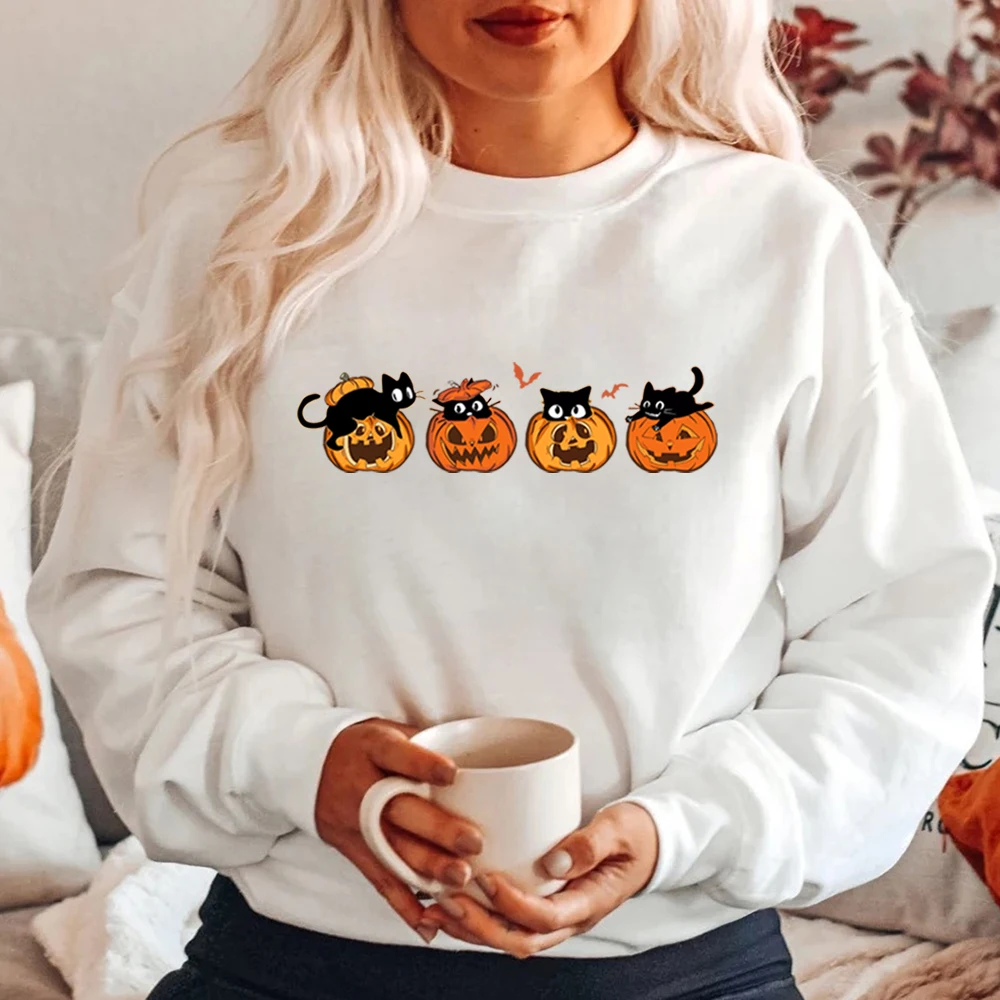 Black Cat and Pumpkin Graphic Sweathirts Cute Halloween Pumpkin Hoodie Not Too Spooky Halloween Cat Tee Unisex Long Sleeved Tops