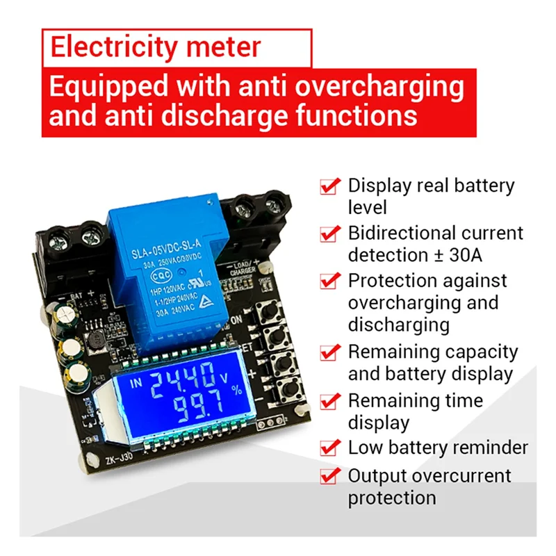 ZK-J30 Coulomb Meter Display Battery Test Lithium Battery Protection Against Bidirectional Current 30A