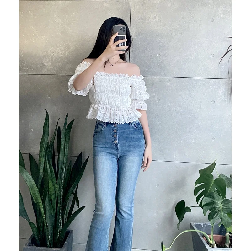 Susan Faionable Casual Lente Zomer ort Sve Gevouwen oulder Houten Wit Geplooide ort Top Dames Busin Casu...