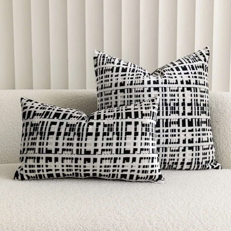 

Modern minimalist black and white cut velvet jacquard back cushion cover sample room hotel café sofa decorative pillowcase