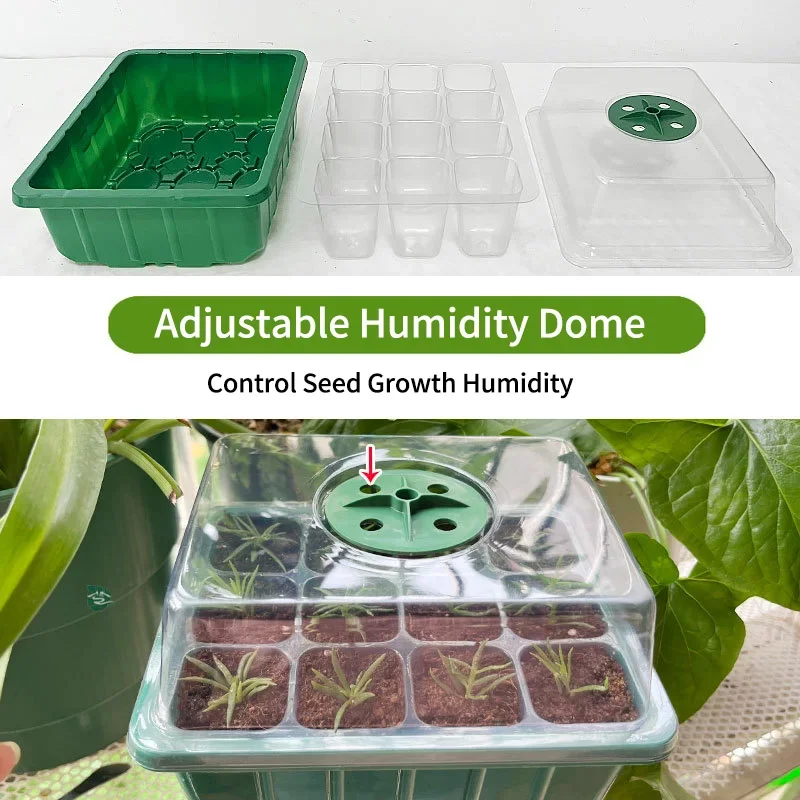 Seed Starter Tray with Plant Light, Elevated Seedling Starter Trays Kits with Adjustable Humidity Domes and Clear Cell Tray