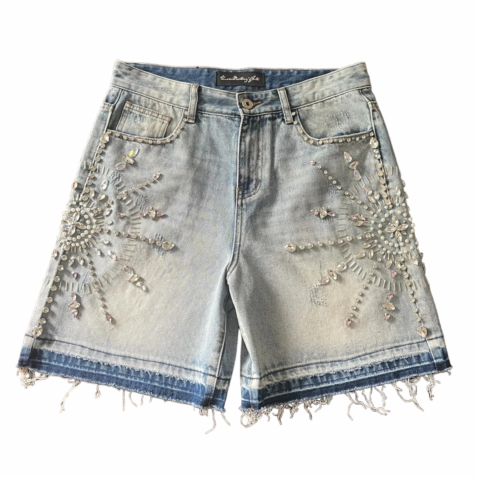 Streetwear Rhinestone Rivet Denim Shorts Harajuku Hip Hop Cross Diamond Light Blue Shorts Gothic Casual Fashion Pants Men Women