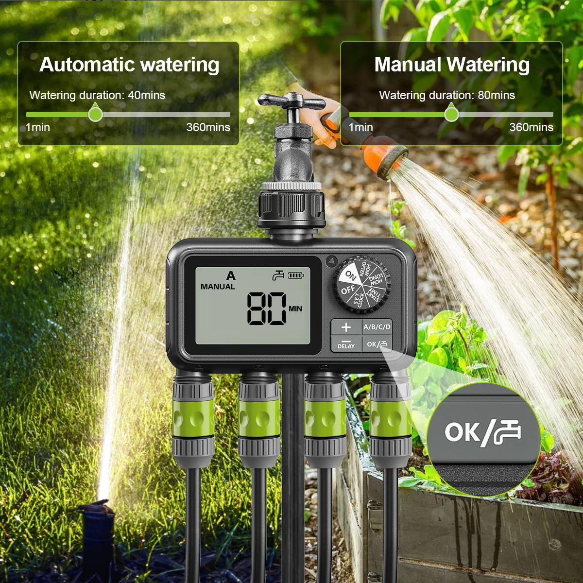 Super Digital Water Timer Eshico HCT-M09 4-Zone Outlet Quick Connector IPX5 Atuomatic/Manual Rain Delay Large-Area Irrigation