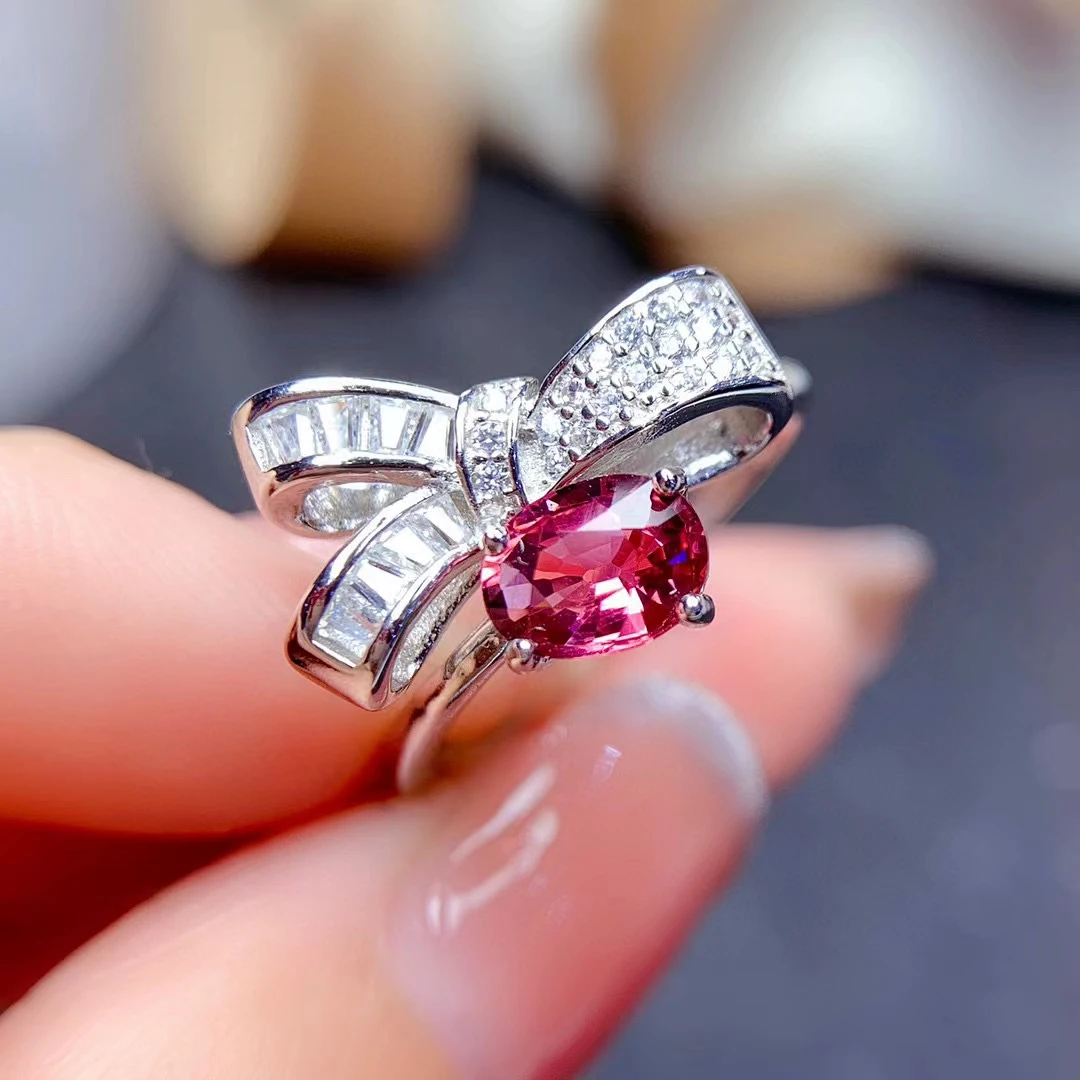 5mm*7mm 0.7ct Natural Pink Tourmaline Ring October Birthstone Elegant Silver Bow-knot Ring with Tourmaline