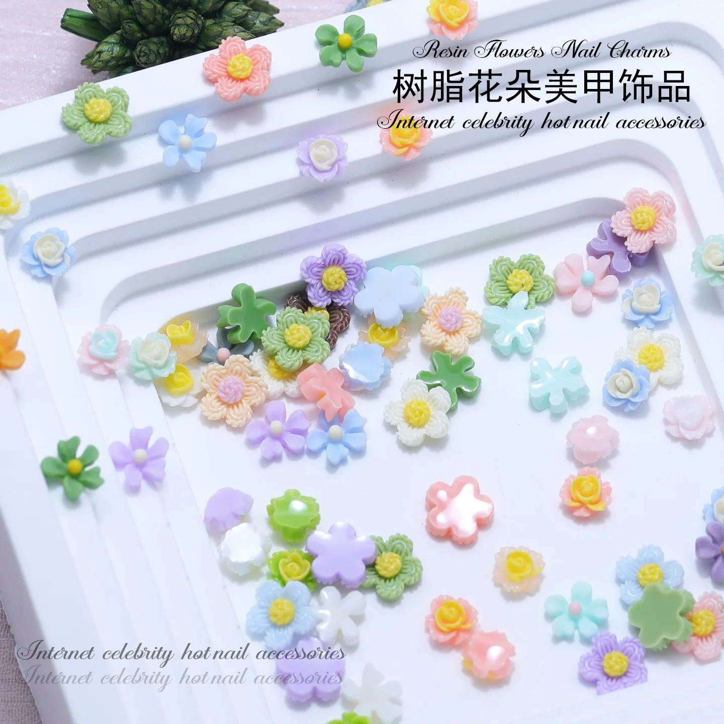 60PCS 6mm 3D Acrylic Flower Nail Art Charm Parts Kawaii Accessories For Nails Decoration Design Manicure Decor Supplies Material