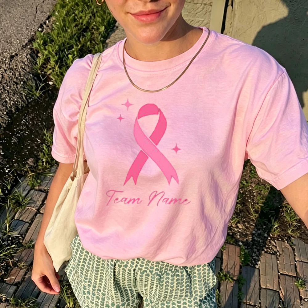 Custom Team Name Pink Ribbon T Shirt Breast Cancer Awareness Personalized Warrior Support Casual Cotton Graphic Customized Tops