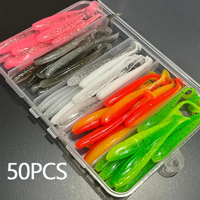 50Pcs/Box Soft T Tail Paddle Tail Worm Baits 7cm 2.1g Easy Shiner Artificial Soft Baits Odor Added For Bass Fishing Wobblers