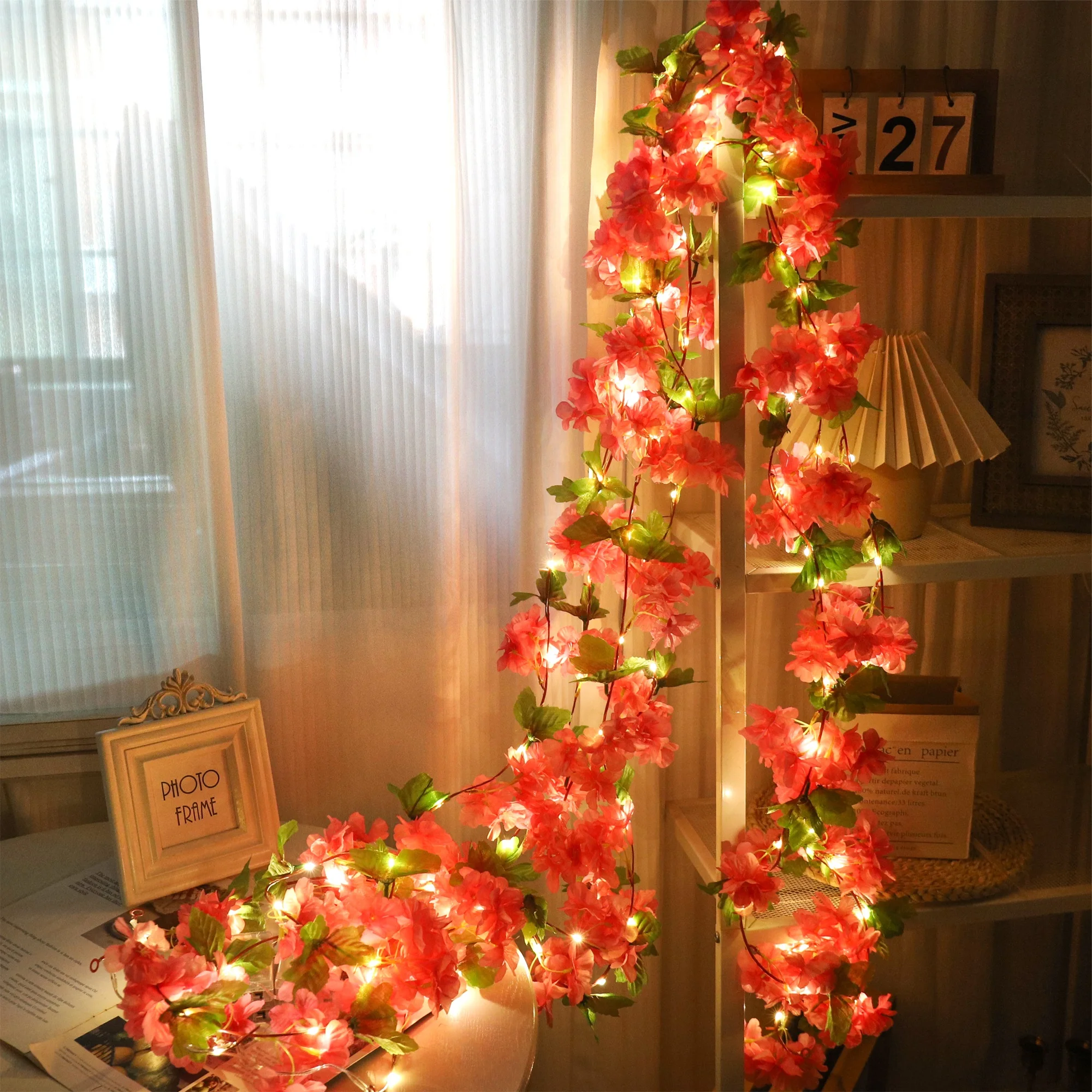 زهر الكرز مصباح ليد الزهور الاصطناعية فاينز لحفل زفاف ديكور المنزل شنقا جدار حديقة قوس عيد الميلاد زخرفة #3