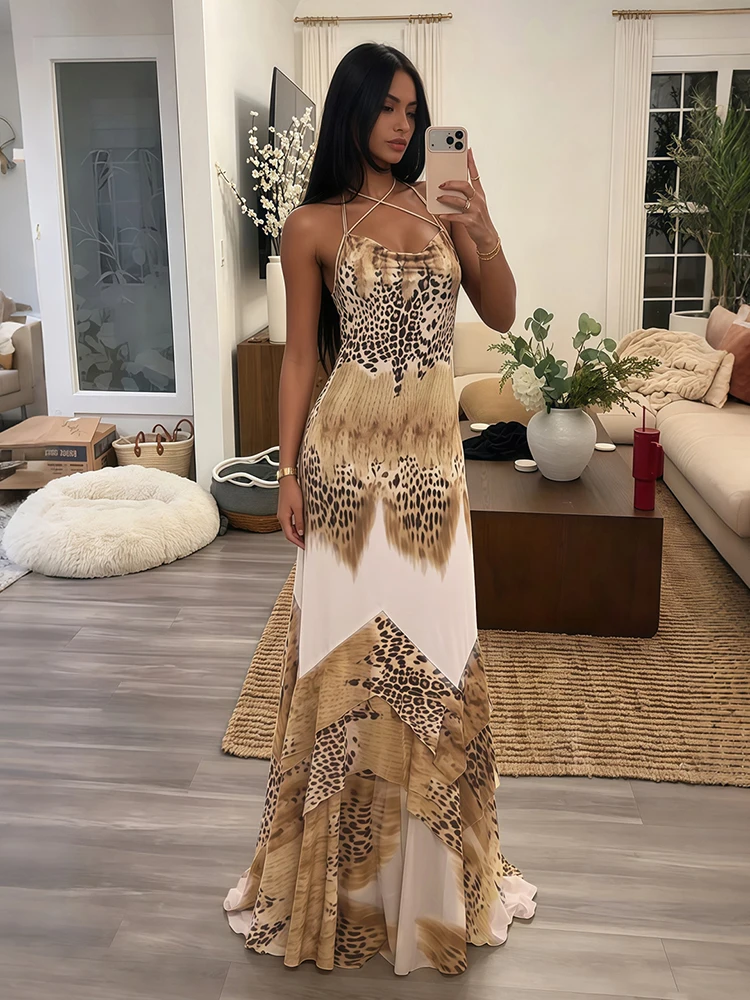 Sisterlinda Damen Langes Kleid mit Leopardenmuster, Trendiges Sexy Mode-Schnürkleid mit Neckholder, Rückenfreies Design, Tailliert, Rüschensaum, Elegantes Vestido