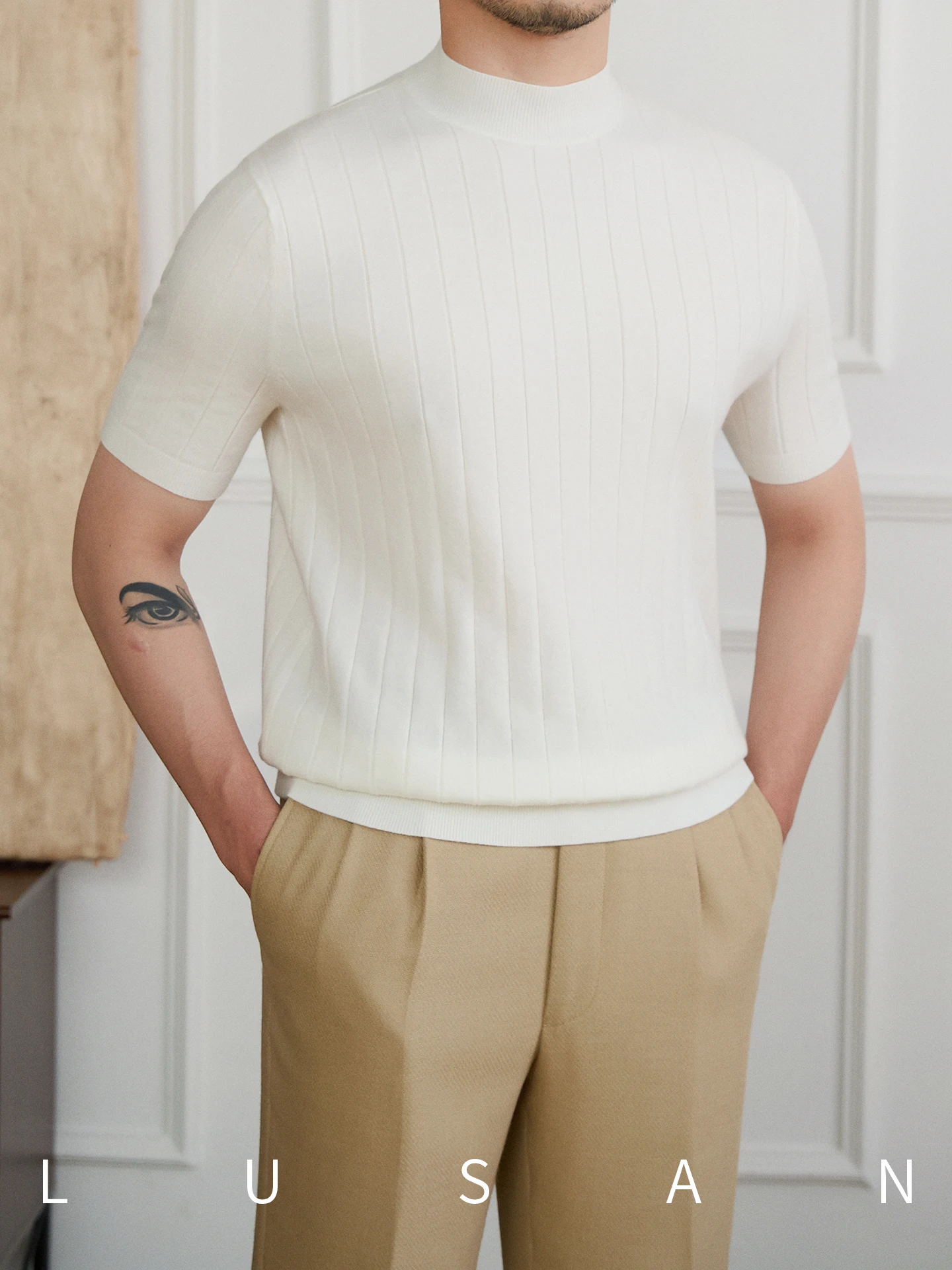 High-End Spring and Autumn Half Turtleneck Wool Mixed Textile Short Sleeve Everyday Fashion Skin-Friendly Base T Shirt