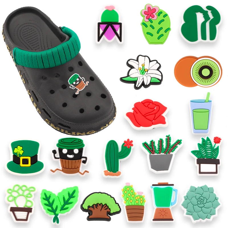 Новые украшения для обуви своими руками: зеленые садовые тематические пины, цветочные шармы для обуви с отверстиями, 1 шт., ПВХ-шармы для тапочек и сандалий для детей и взрослых