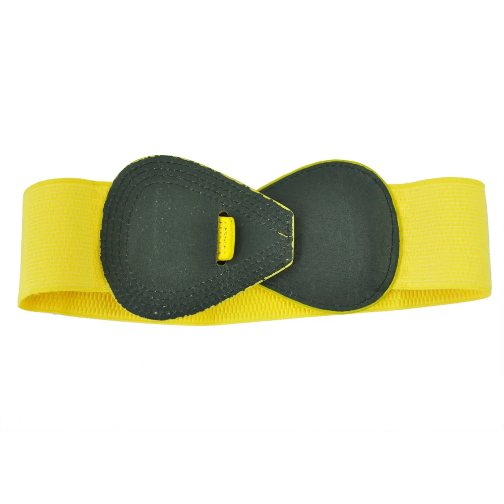 SODIAL(R) 8-shaped Faux Leather Buckle Elastic Belt Yellow for Lady