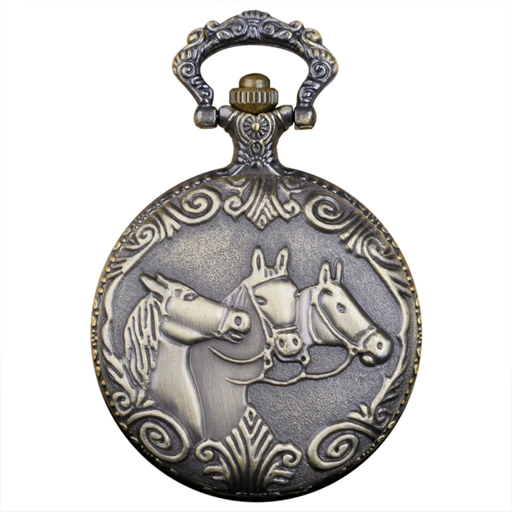 خمر ثلاثة الحصان نمط الكوارتز قلادة كبيرة ساعة الجيب الرقمية الوجه الهاتفي Ntique نموذج Tuo الجدول تنقش ساعات الجيب