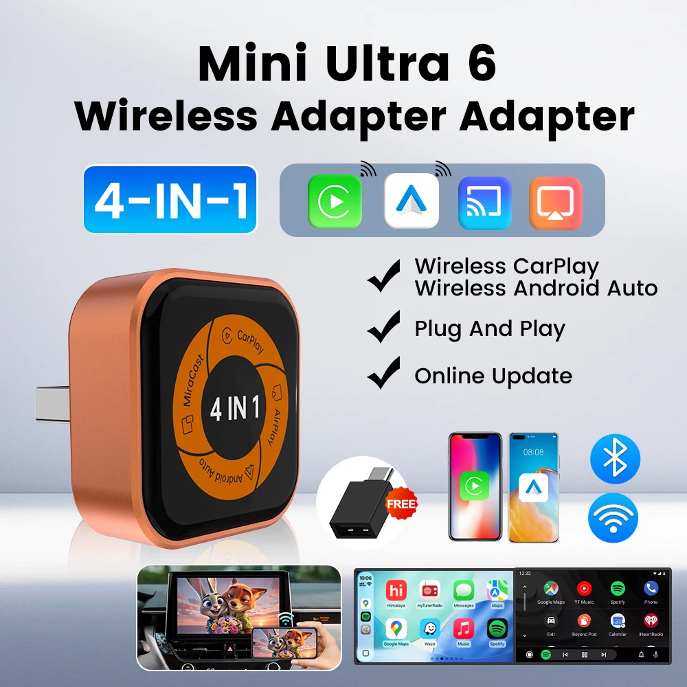 Mini Ultra 6 4-in-1 Wireless-Adapter, kabelloses Bildschirm-Spiegelungsgerät, Android Auto CarPlay-Adapter für kabelgebundene CarPlay-Fahrzeuge, einfache Verbindung.