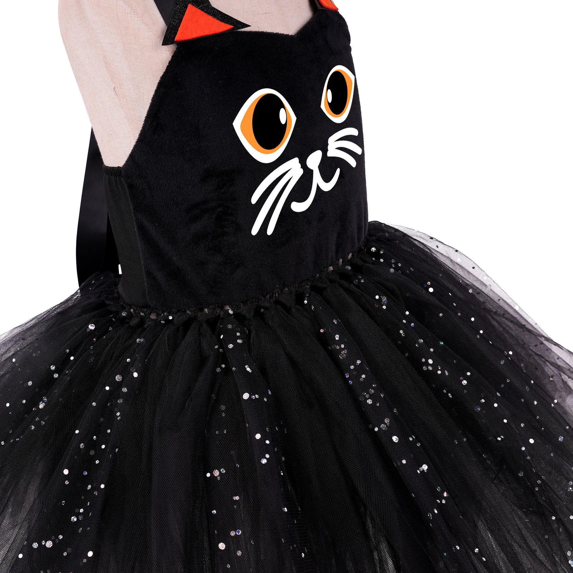 New Girls Halloween Cat Costume Dress with Ears Tail Accessories for Party Performance Kids Girls Party Outfit Tutu Dress