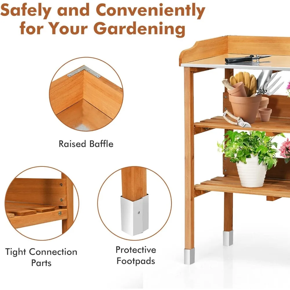 مقعد بوتينج، محطة عمل مع هيكل خشب التنوب وطاولة معدنية، طاولة زراعة الحديقة مع أرفف مفتوحة وخطافات تعليق #4