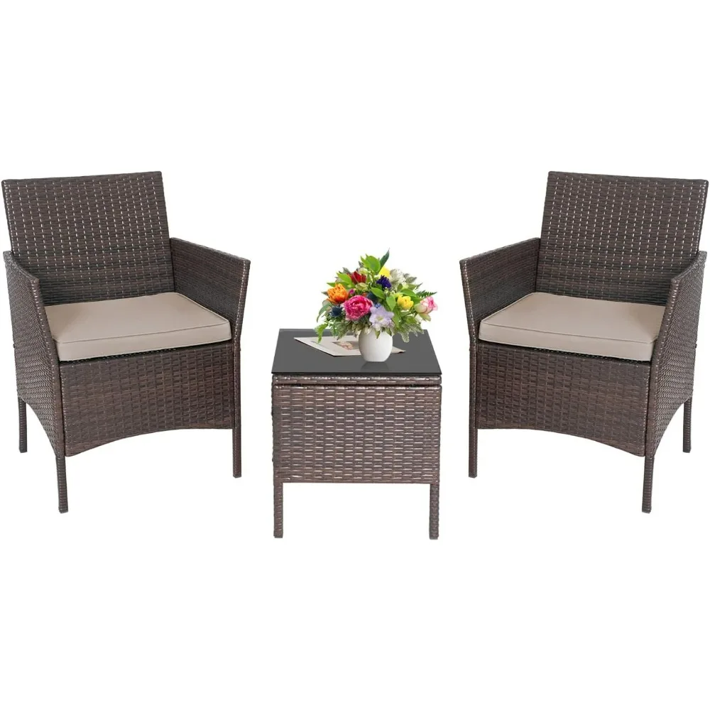 3-Piece Outdoor PE Rattan Wicker Conversation Bistro Set - 2 Chairs 2 Cushions 1 Coffee Table for Yard Garden Patio