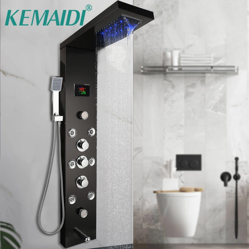 

KEMAIDI LED Shower Panel Waterfall Rain Digital Display Shower Faucet Set SPA Massage Jet Bathroom Column Mixer Tap Tower System