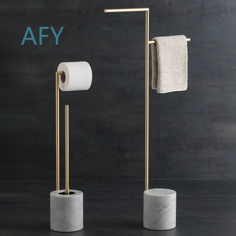 Light Luxury Pure Copper Non-Punching Floor Towel Rack for Small Apartment Bathroom Marble Hanging Tissue Holder for Toilet