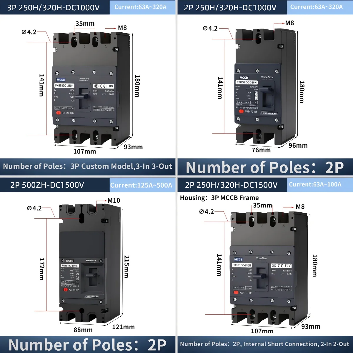 DC MCCB Molded Case Circuit Breaker 2P 3P DC1000V 1500V Overload Protection Switch Solar PV Photovoltaic 200A 250A 300A 400A