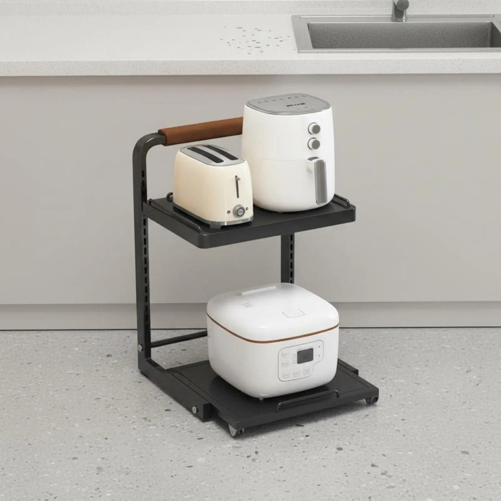 Rice Cooker Air Fryer Rack 2-Tier Pull-out Kitchen Shelf Non-Slip Feet Adjustable Appliance Storage Rack