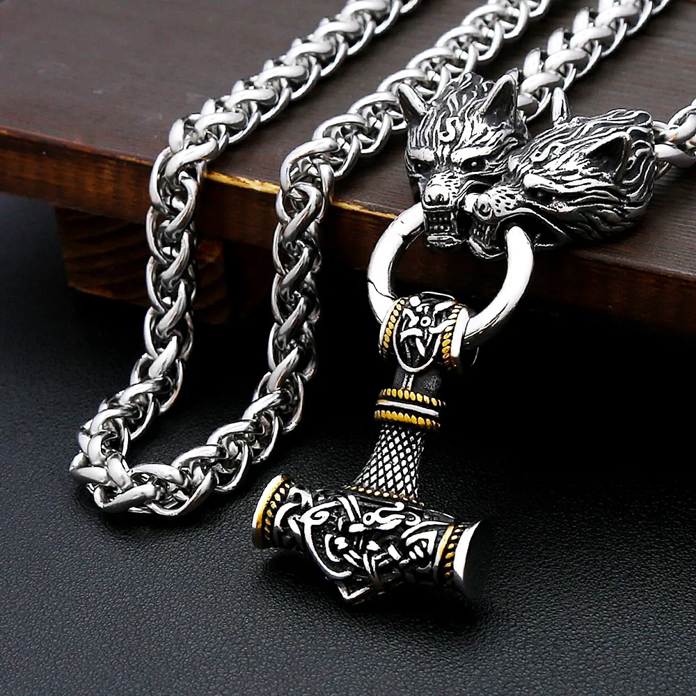 Vintage Mjolnir Pendant Necklace Stainless Steel Thor Hammer Wolf Head Chain For Men Norse Mythology Amulet Fashion Jewelry Gift