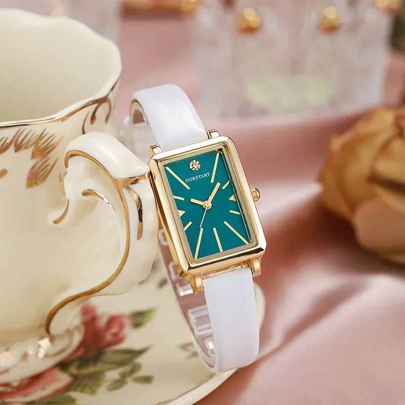 Cinturino in pelle retrò orologi al quarzo da donna semplice quadrante quadrato verde con diamanti orologio da polso da donna Relogios Femininos