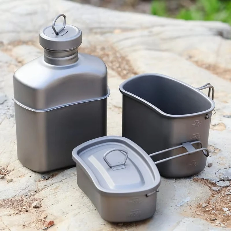 New pure titanium kettle lunch box three-in-one outdoor camping multi-function lightweight portable folding tableware set