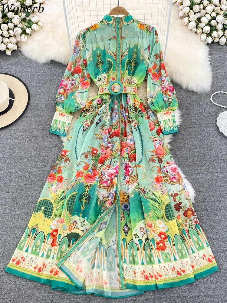 فستان بوهيمي أنيق بحزام للنساء برقبة واقفة وأكمام منتفخة مزهّرة رداء نسائي موضة 2025 فساتين ماكسي عتيقة