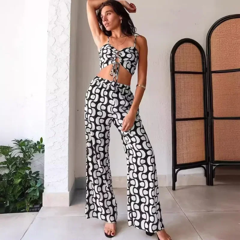 Black White Print 2 Piece Outfit Set Women Clubwear Vacation Spaghetti Strap Lace-up Crop Top and Wide Leg Pants Matching Sets