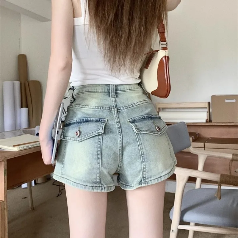 Solid Shorts Women Summer Hot Girls Vintage Spicy Hip-covering Designed High Waist Korean Style Pockets All-match Leisure Chic