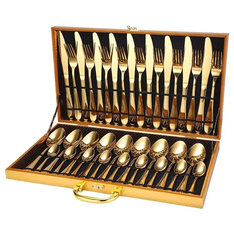 Retro Gold Cutlery Set Luxury Complete Tableware European Style Stainless Steel Spoon Fork Steak Knife Dinnerware Gift Box New