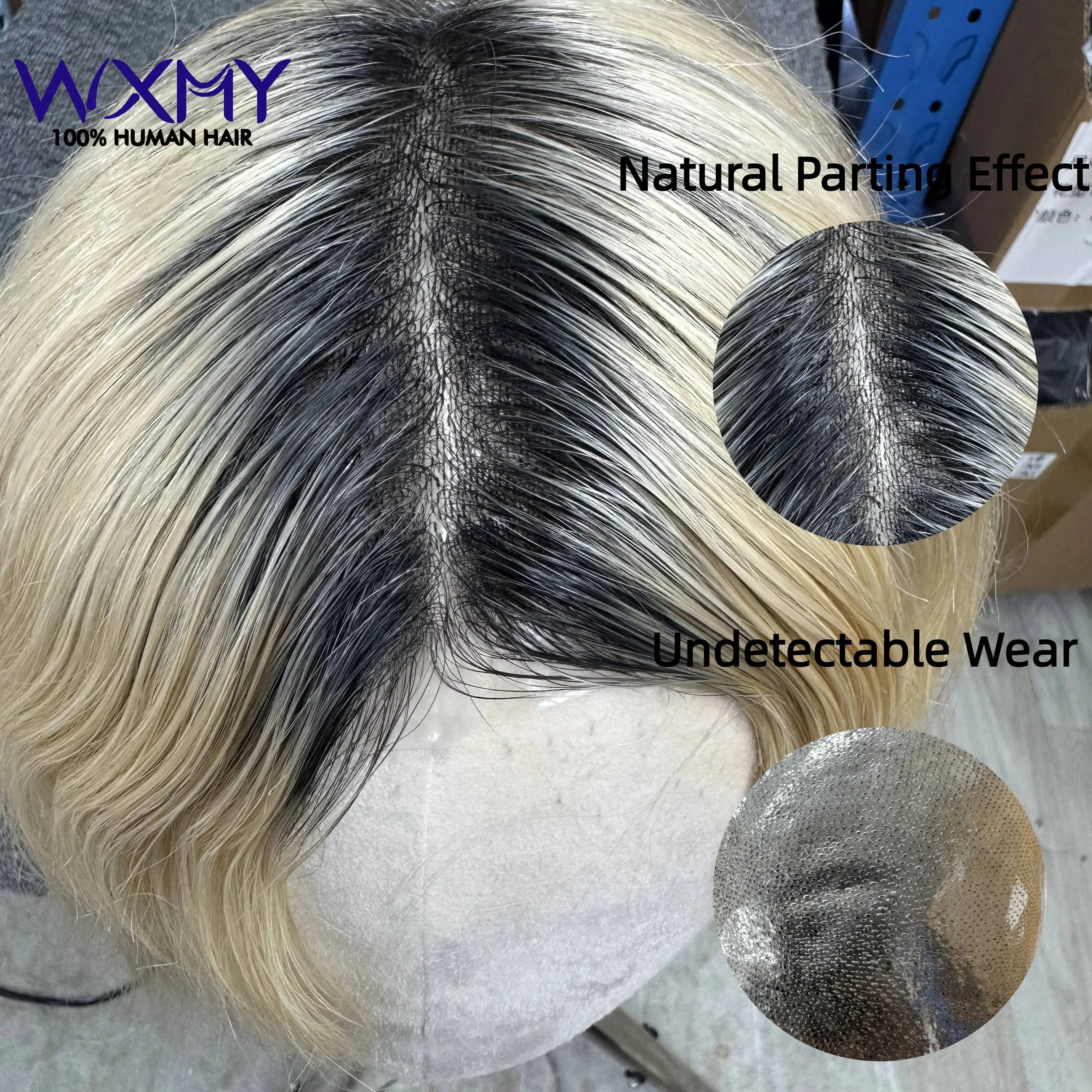 Highlighted Wigs for Men 0.08mm Ombre Double Knotted Men's Capillary Durable Male Hair Prosthesis Human Hair Replacement Systems