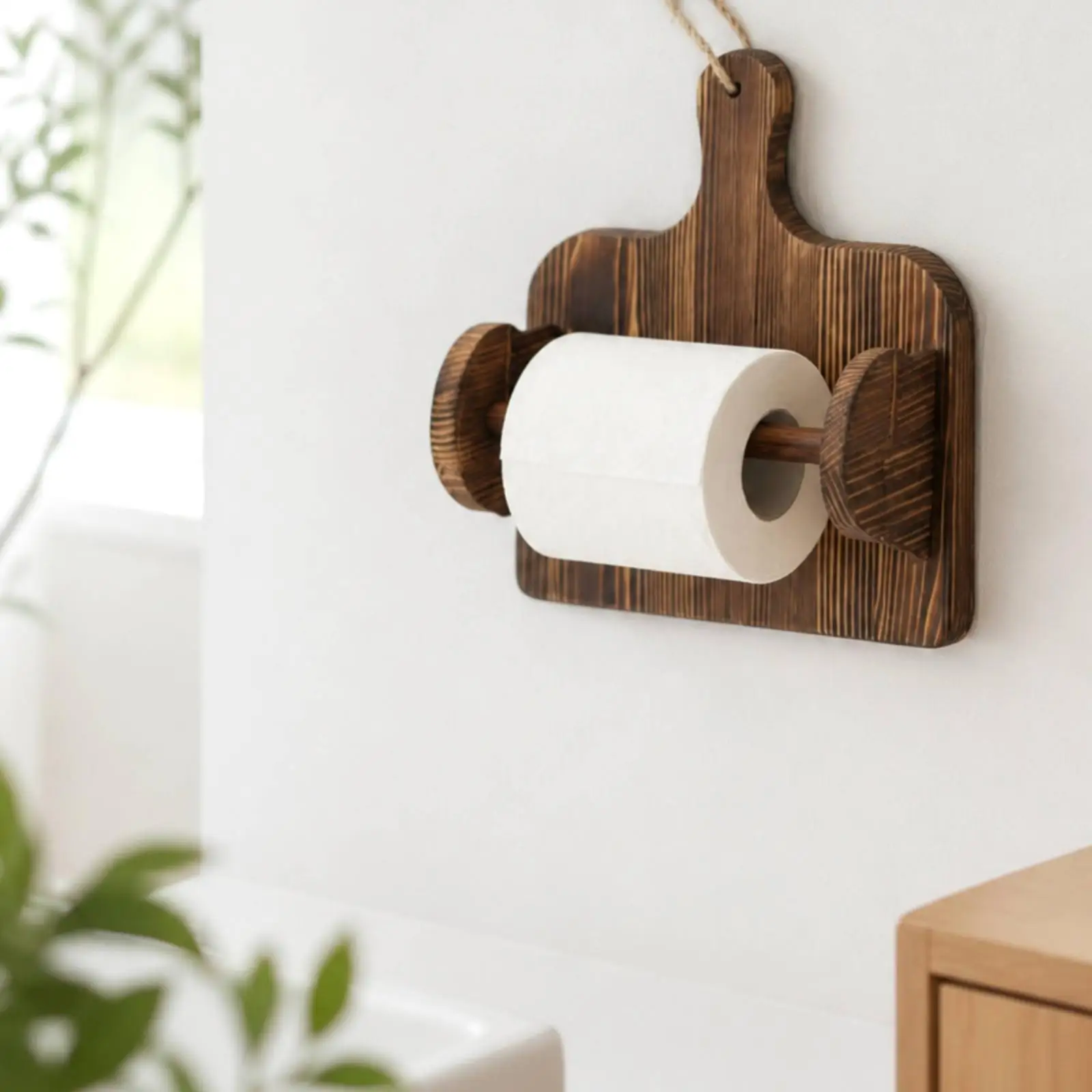 Wooden Wall-Mounted Toilet Paper Holder Wood Toilet Paper Holder with Hanging Rope Loop Multi-Use Decorative Wooden Storage