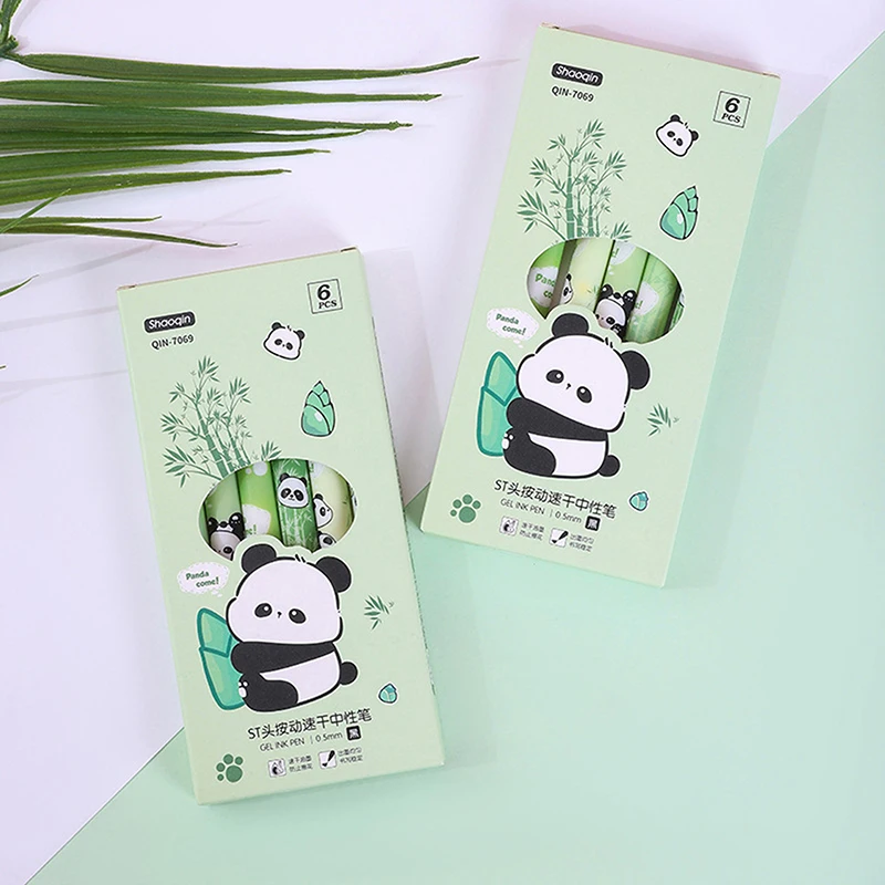 Cute Cartoon Panda Gel Pen, Adorável pressionando canetas, Canetas de escrita suave, Material de papelaria estudante escolar, Engraçado, 6pcs