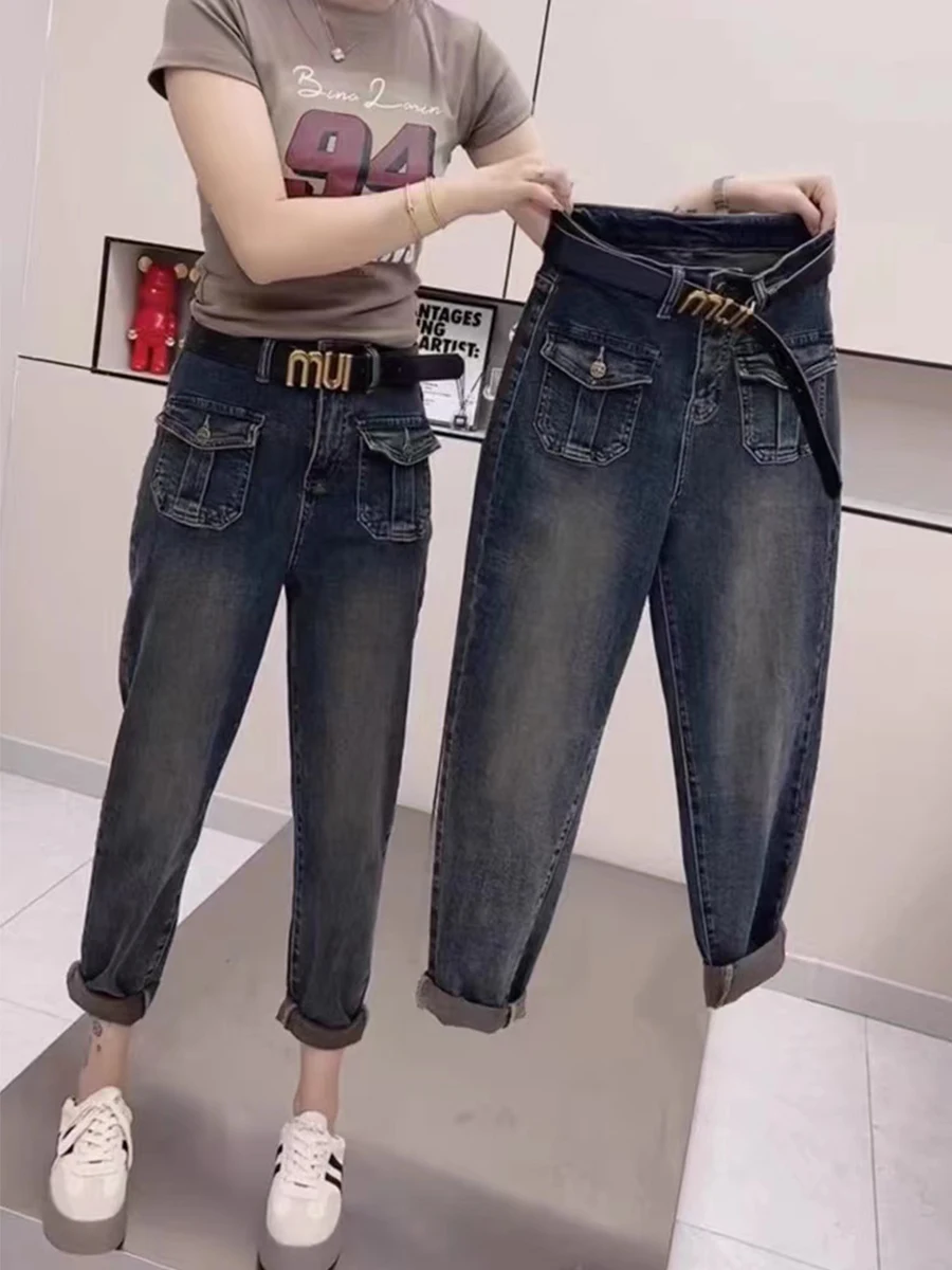 

plus Size High Waist Fce Lined Denim Jeans Women's Autumn Winter Straight Leg Dad Sle Nine Point Pants Casual Cotton Str...