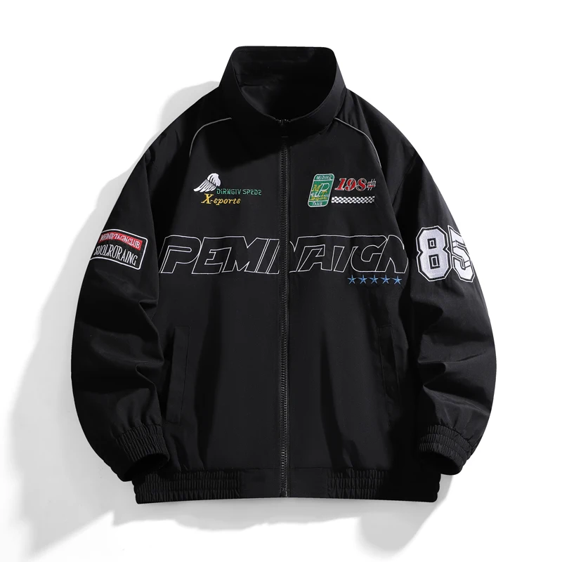 

Men's Trendy Racing-Style Stand-Collar Jacket with Multi-Element Print + Number Design with the Number 85, Eye-Catching and Street-Style, Loose Fit with a Full Street Vibe, Perfect for Autumn and Winter Fashion / a Must-Have for Unique Outfits