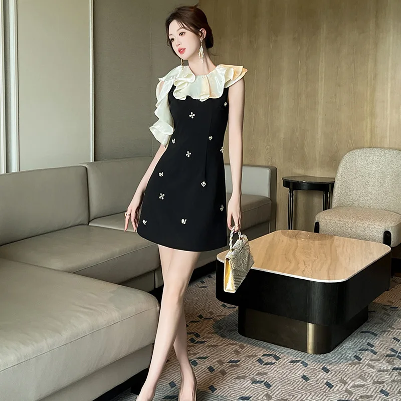 Fujia Qianjin Summer New Women's Clothing French Ruffled Abdomen-Control Black Dress