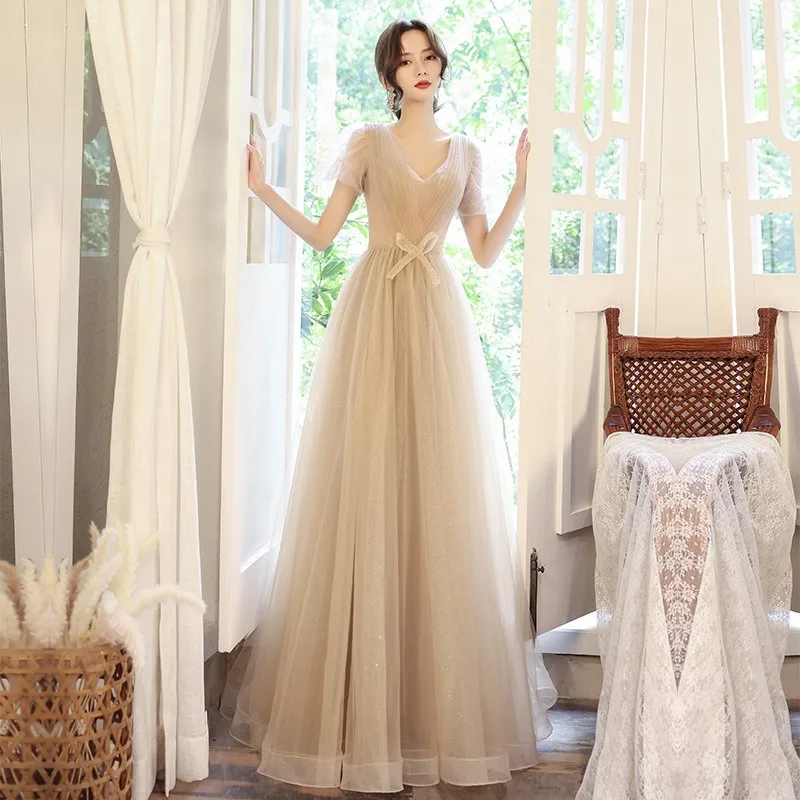 

2025 New Women's Summer Banquet V-neck Evening Dress Fashionable Slimming Mesh Bow Decorative Dress Long Sweet Bridesmaid Dress