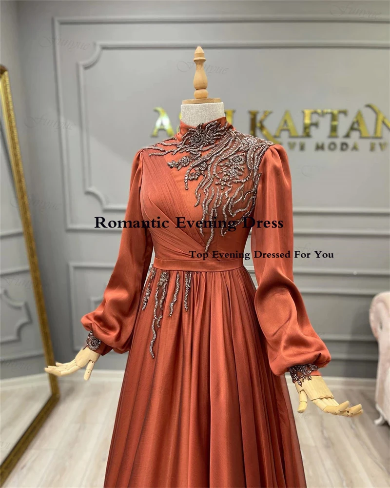 Romantic Moroccan Modest Kaftan Evening Dress Chiffon Orange Muslim De Mariage Dubai Saudi  Arabic Women Women Prom Gowns 2022