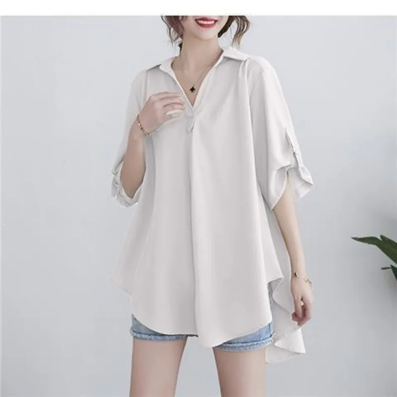 Korean summer solid color women\'s Turn down Collar Asymmetric temperament casual short sleeve loose mid length Chiffon shirt top