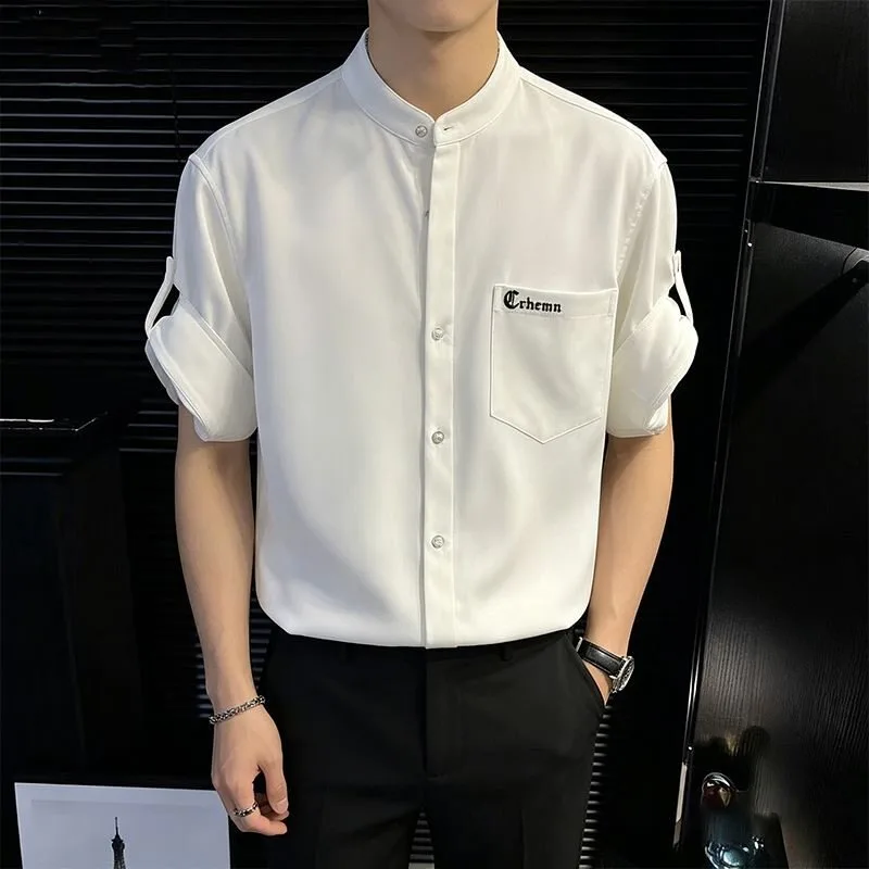Solid color short sleeved shirt cardigan for boys in summer 2026, new high-end and cool shirt, trendy brand loose jacket