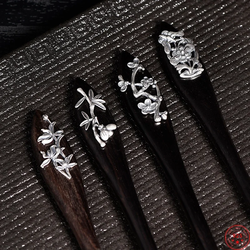 S925 Sterling Silver Hairsticks for Women Plum blossoms Orchid Bamboo Chrysanthemum Sandalwood Hair-Forks Jewelry Wholesale