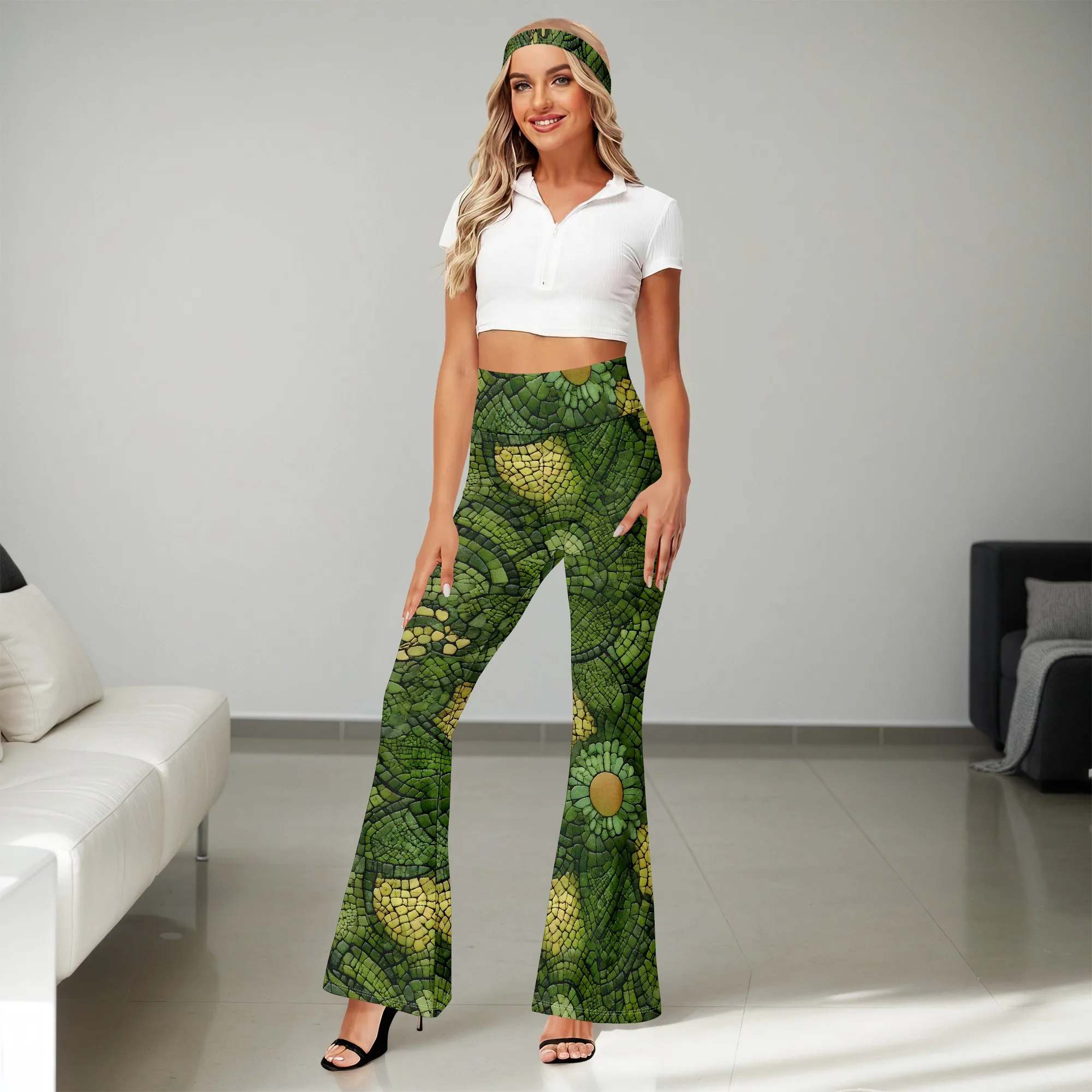Floral Print Pants, Green Daisy Pattern Wide Leg Trousers, Retro Boho Bell Bottoms for Women, Matching Headband Set, S-2XL