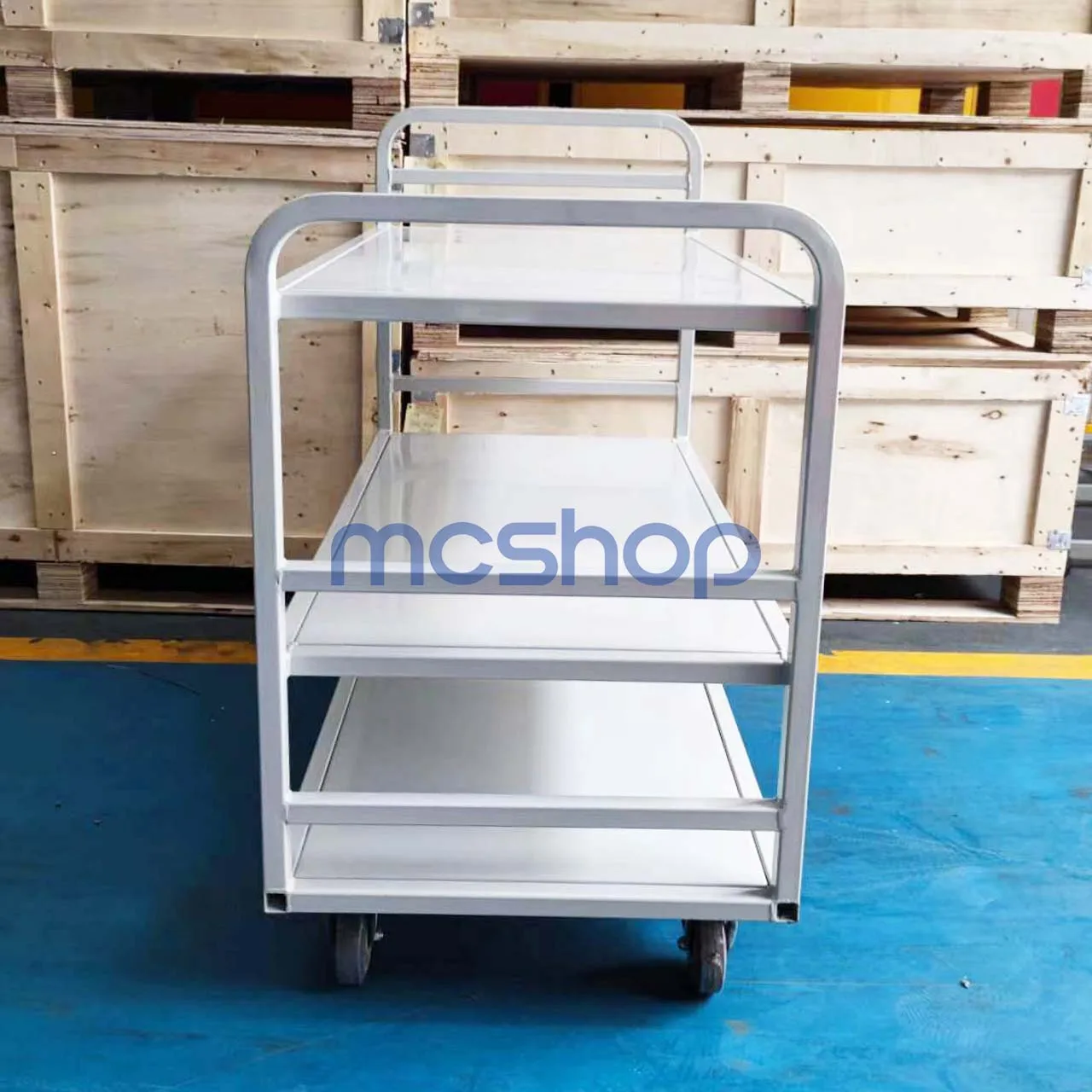Picture 4: 3 Layer Heavy D-uty Steel Four-Wheel Platform Hand Push Cart Warehouse Trolley with Hand-Powered Function OEM Customizable