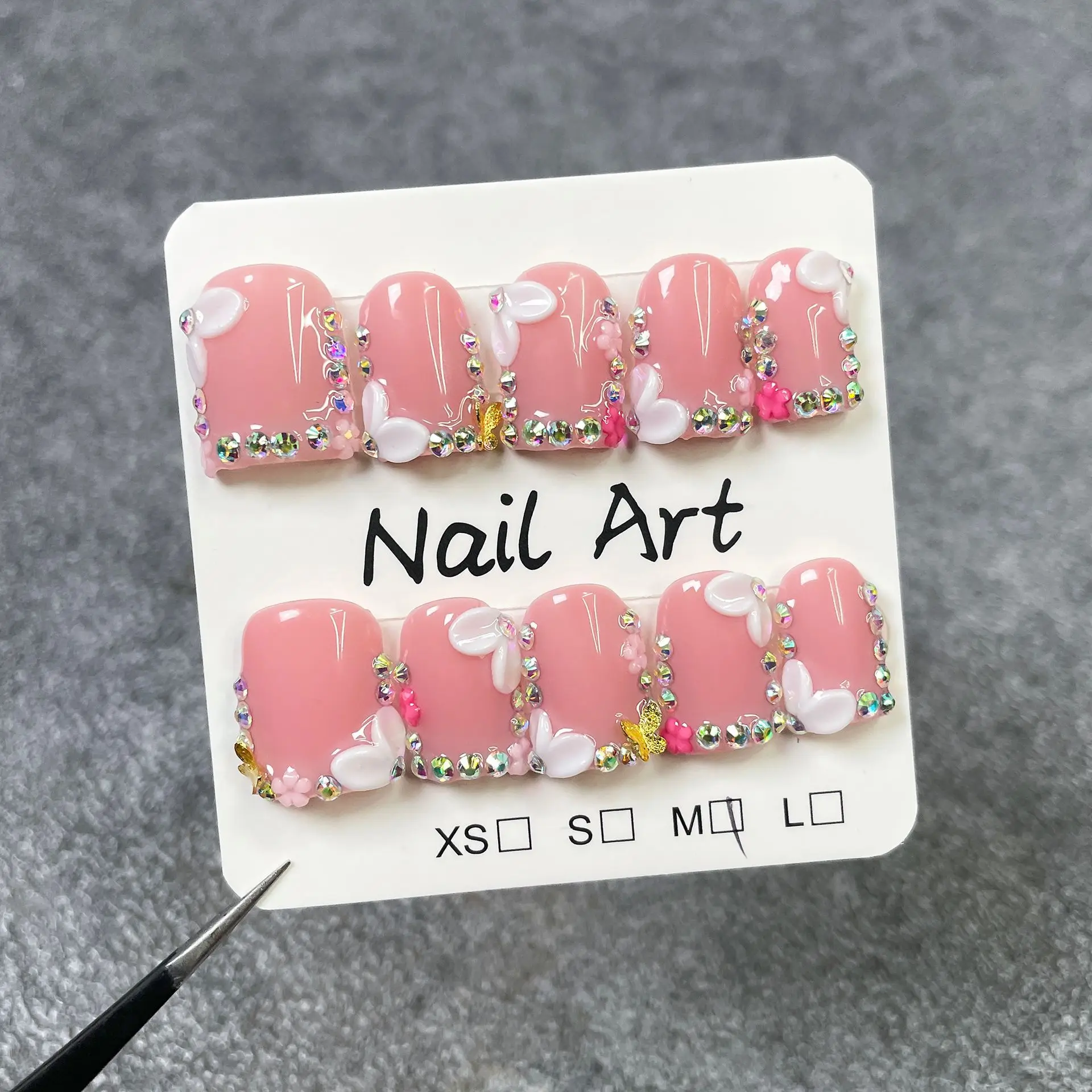 10 pièces/ensemble court carré fait à la main presse sur ongles 3D fleur faux ongles avec strass conception faux ongles Наклад Ногти Uñas