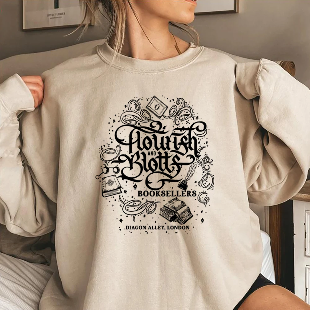 

Flourish Blotts Sweatshirt HP Inspired Bookish Shirt Magic School Hoodie Wizard World Jumper Trendy 9 3/4 Crewneck Sweatshirts