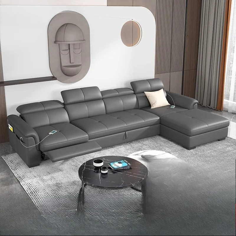 2023 New Italian Elephant Ears Electric Function Leather Sofa Bed Modern Simple Living Room Retractable Dual-use