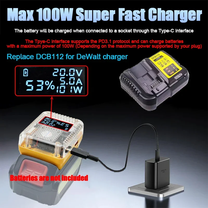 بطارية ليثيوم محول محول لماكيتا لديوالت لميلووكي ل M18 لبوش شاحن USB نوع-C قوة البنك 138 واط