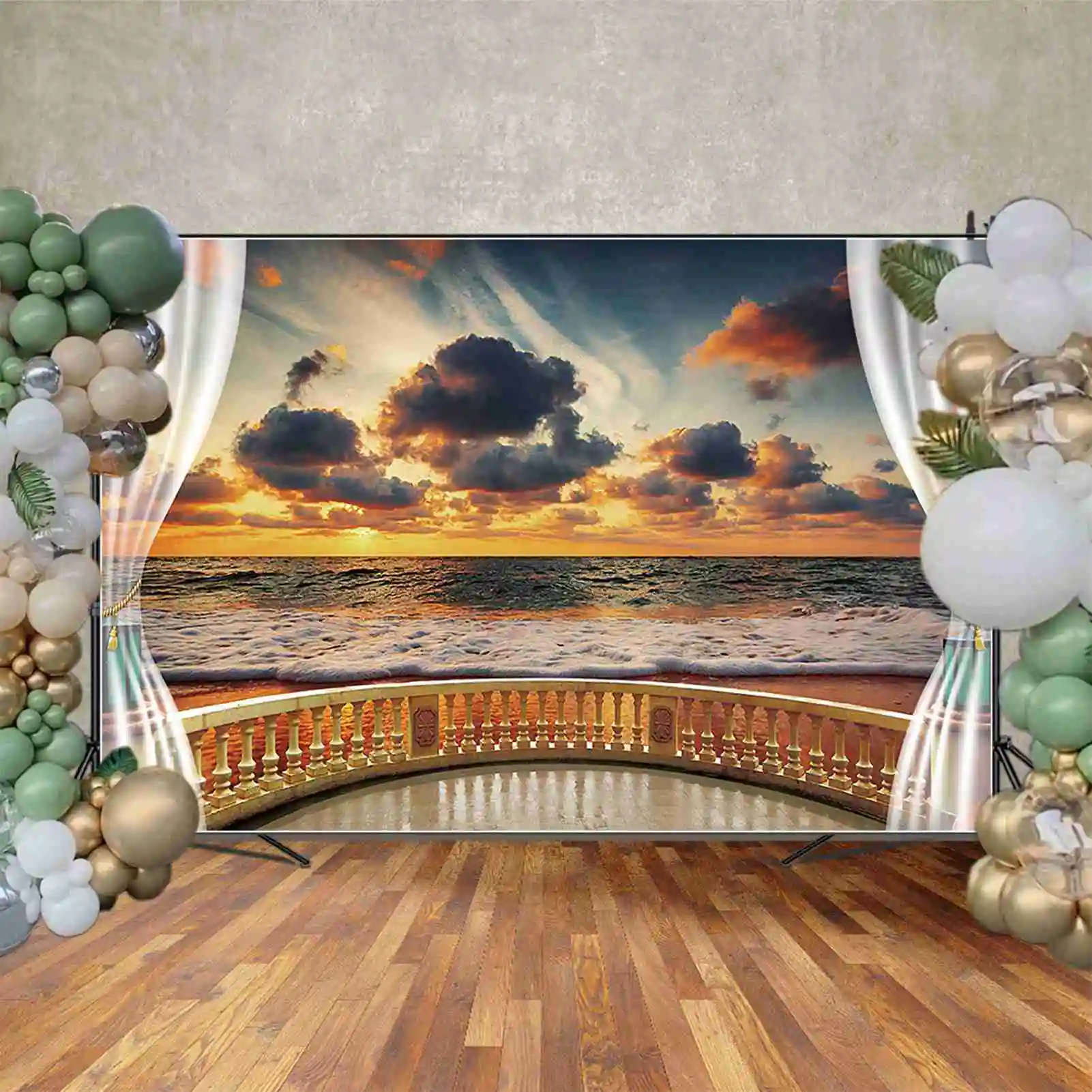 Lua. QG-Sunset Beach Wave Nuvens escuras, adereços de fotografia para adulto, motivos de aniversário masculino, oceano e beira-mar, cortina branca para festa